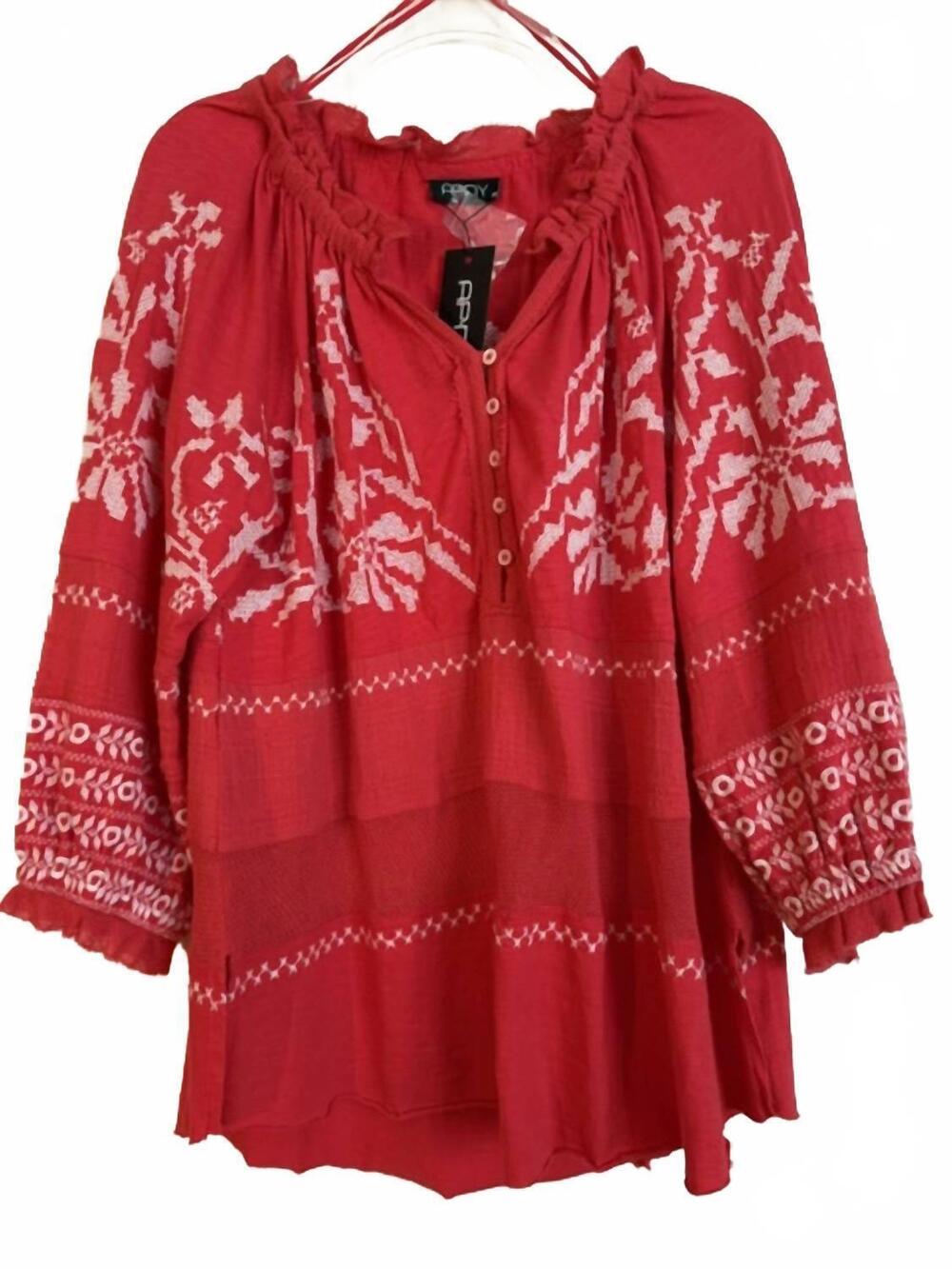 NEW APNY women's geranium embroidered top in red with white embroidery